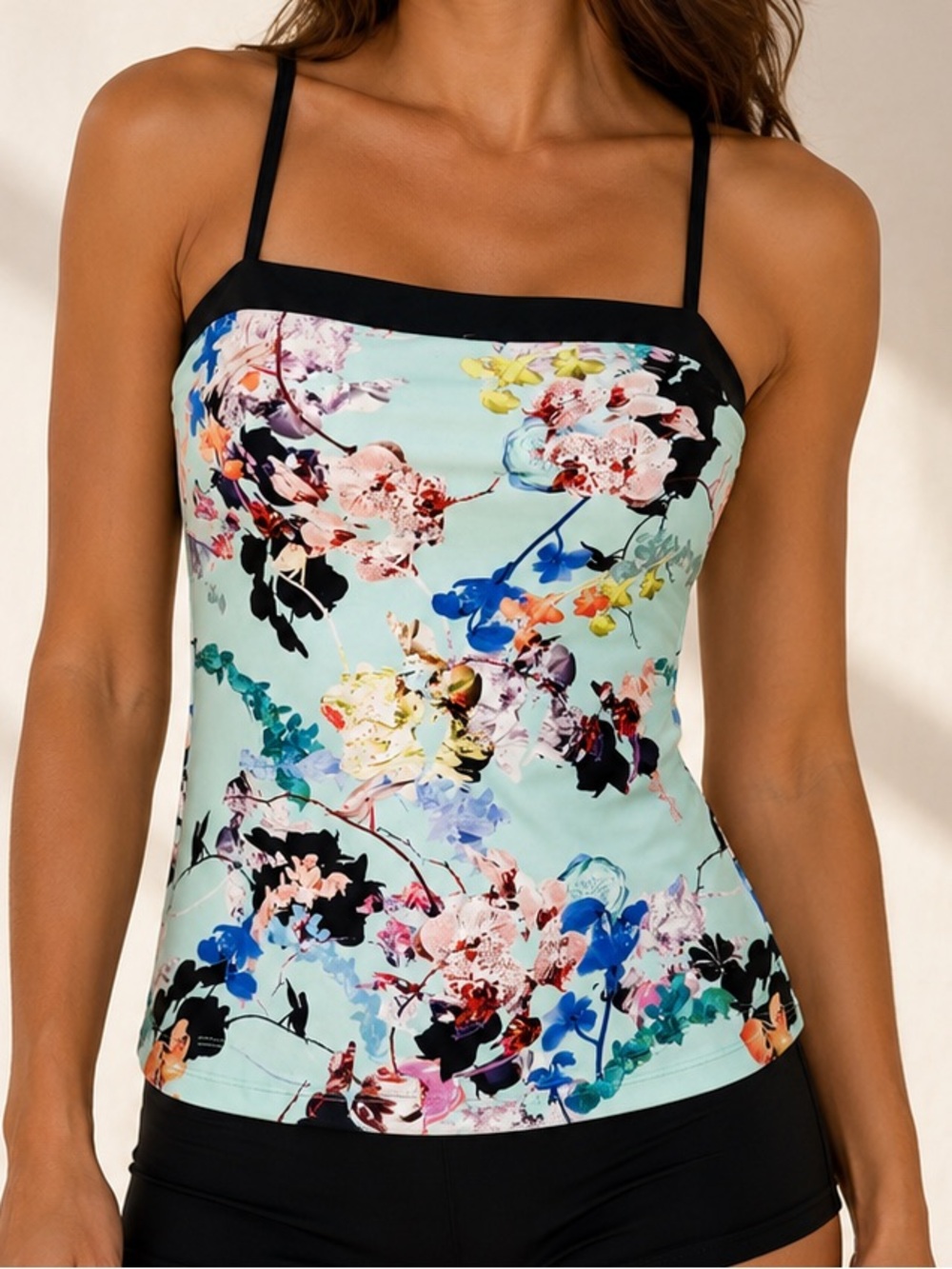 Hapari Mint Floral Tankini Top Small UPF 50+ Shelf Bra Convertible Straps